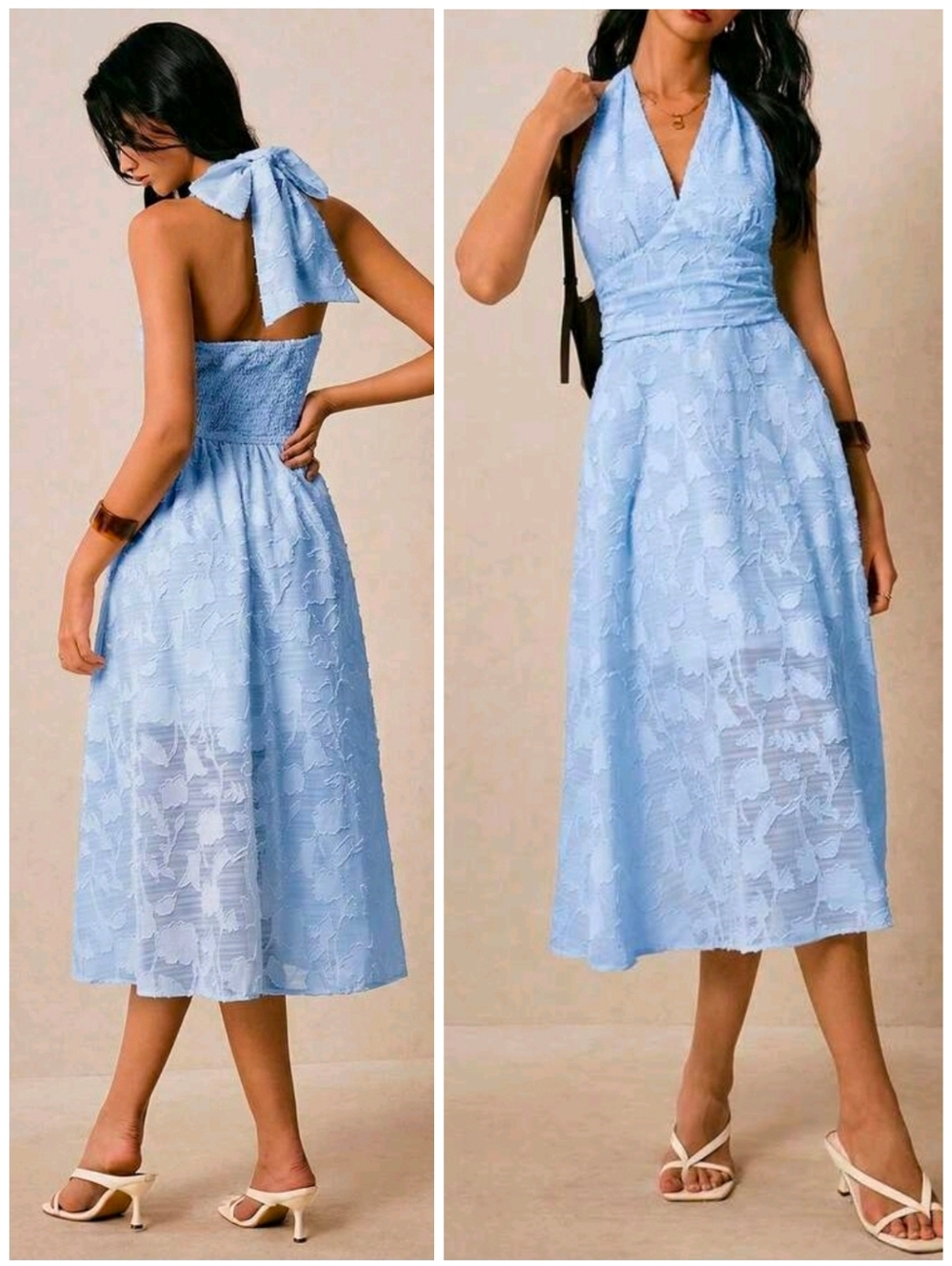 New Sheer Floral Jacquard Tie Halter Ruched Waist Midi Dress Light Blue